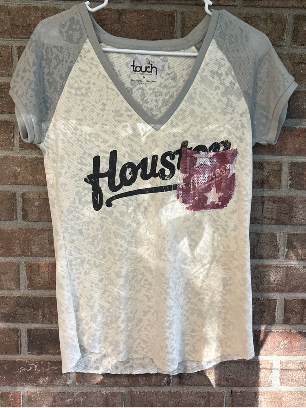 Touch by Alyssa Sequin Pocket V-Neck Top - Cream & Gray